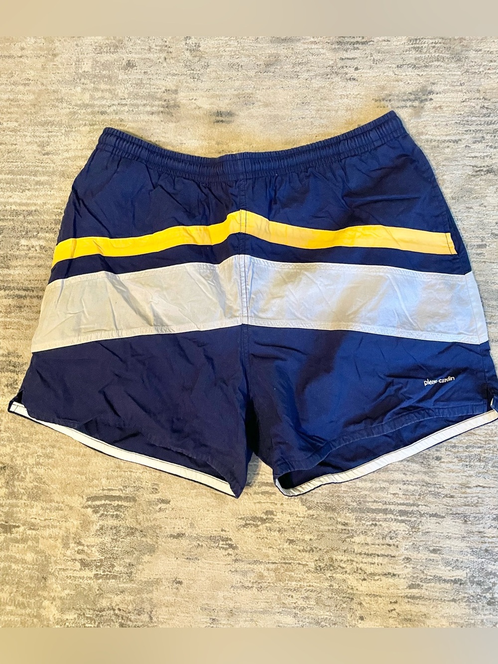 VTG Pierre Cardin Swim Shorts Embroidered Logo and Yellow Trim Mesh Lining Sz L